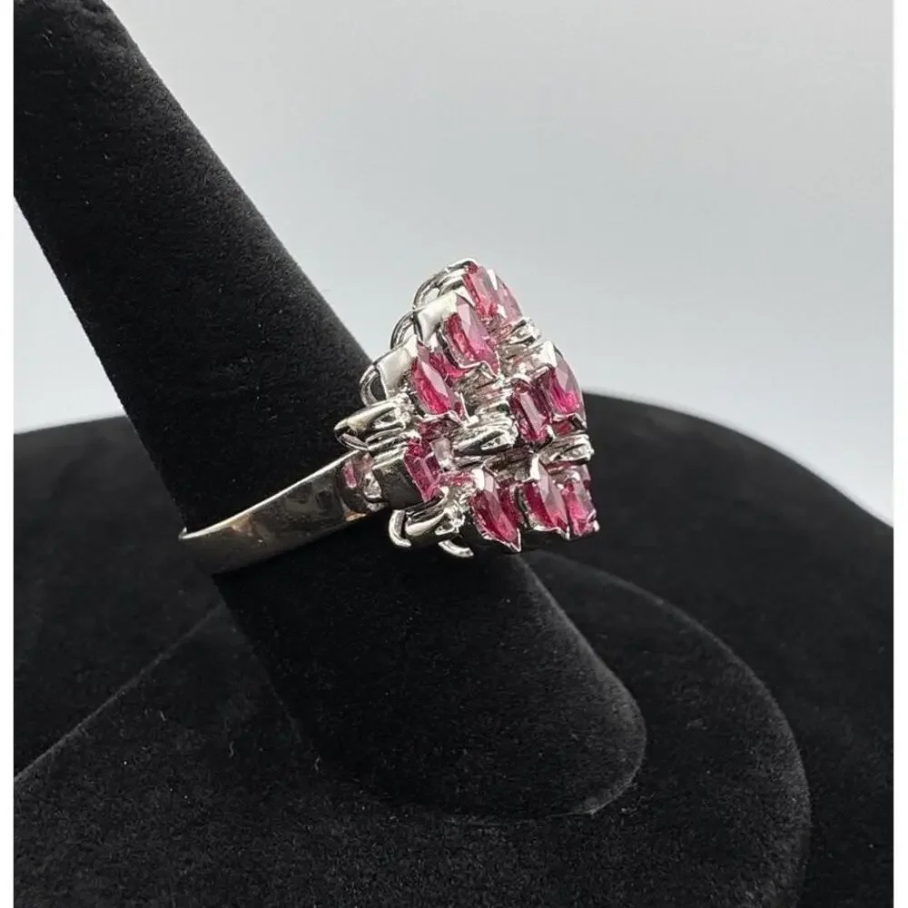 Vintage 18K White Gold Ruby Diamond Old Hollywood Dome Cluster Cocktail Ring 8.7